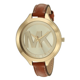 Michael Kors Slim Runway Brown Leather Strap Gold Dial Quartz Watch for Ladies - MK2326