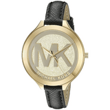 Michael Kors Slim Runway Black Leather Strap Gold Dial Quartz Watch for Ladies - MK2392