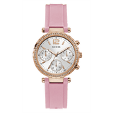 Guess Solstice Pink Silicone Strap Silver Dial Chronograph Quartz Watch for Ladies - GW0113L4