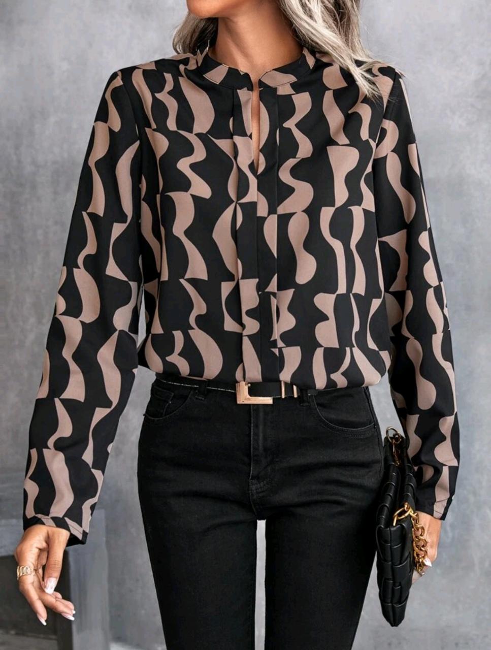 Shein Allover Print Notched Neck Blouse