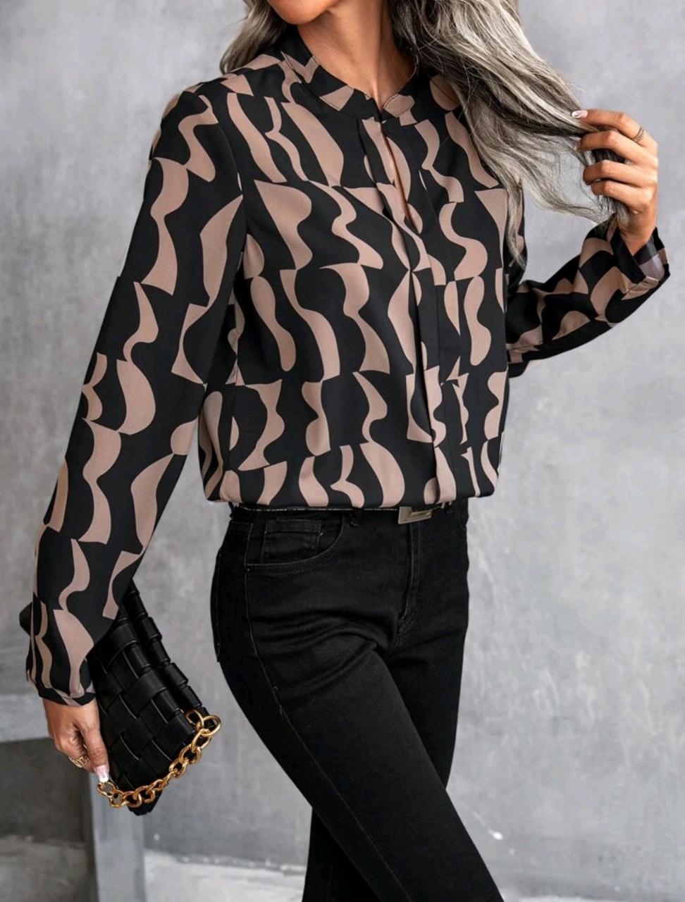 Shein Allover Print Notched Neck Blouse