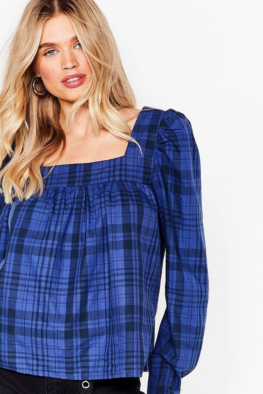 Nasty Gal Check Your Facts Square Neck Relaxed Blouse