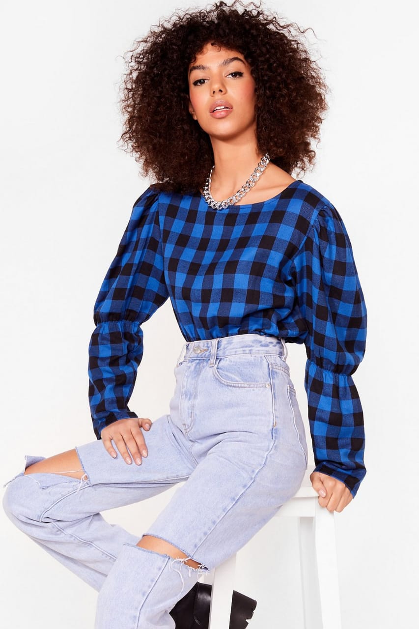Nasty Gal Check the Party Gingham Puff Sleeve Blouse