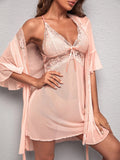 Shein Lace Panel Flounce Sleeve Belted Mesh Robe & Cami Dress PJ Set Without Lingerie