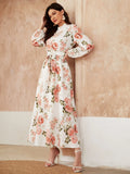 Shein Ruffle Neck Floral Print Belted A-line Dress