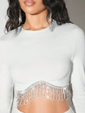 SHEIN BAE Women Long Sleeve Glitter Tassel Diamond Chain White T-Shirt
