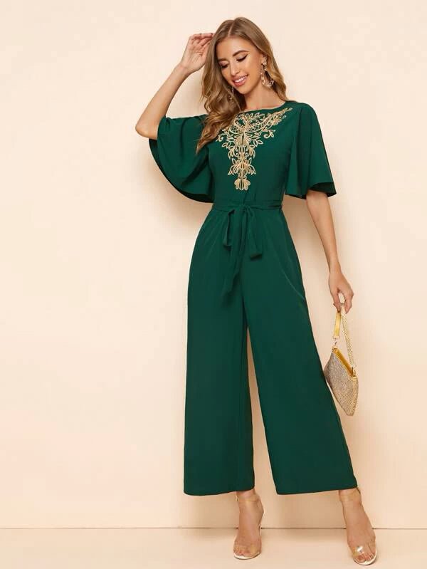 Shein Embroidery Detail Belted Palazzo Jumpsuit