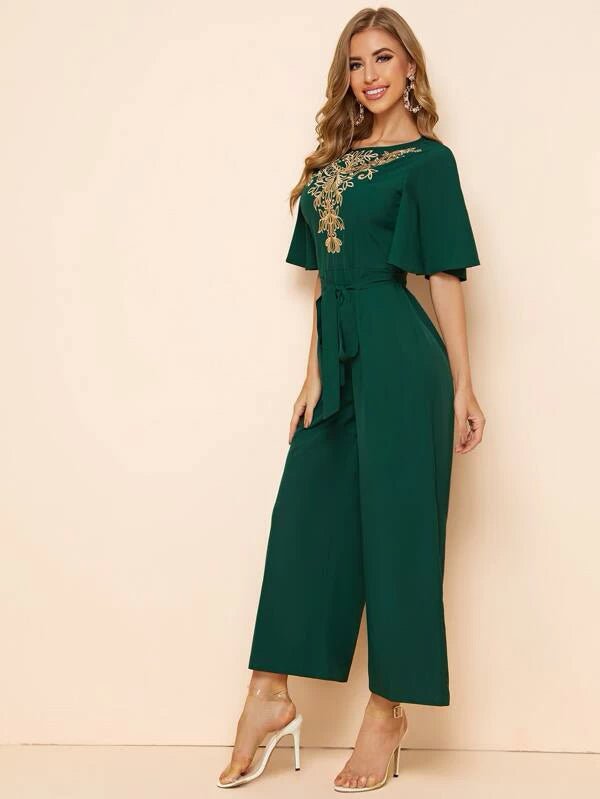 Shein Embroidery Detail Belted Palazzo Jumpsuit