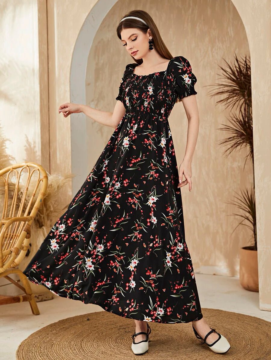 Shein Floral Square Neck Shirred A-line Dress