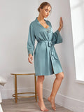 Shein Lace Trim Satin Slips With Belted Robe