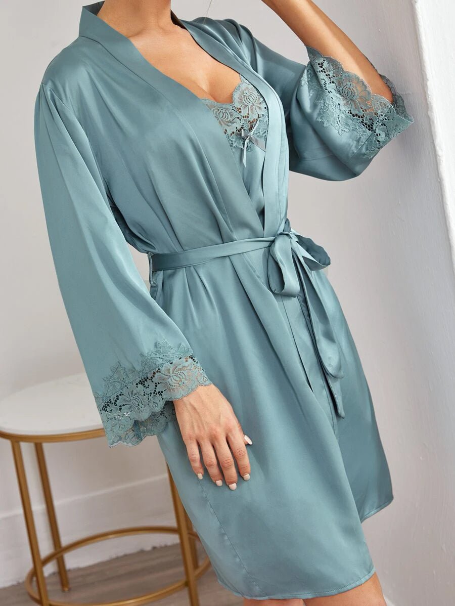 Shein Lace Trim Satin Slips With Belted Robe