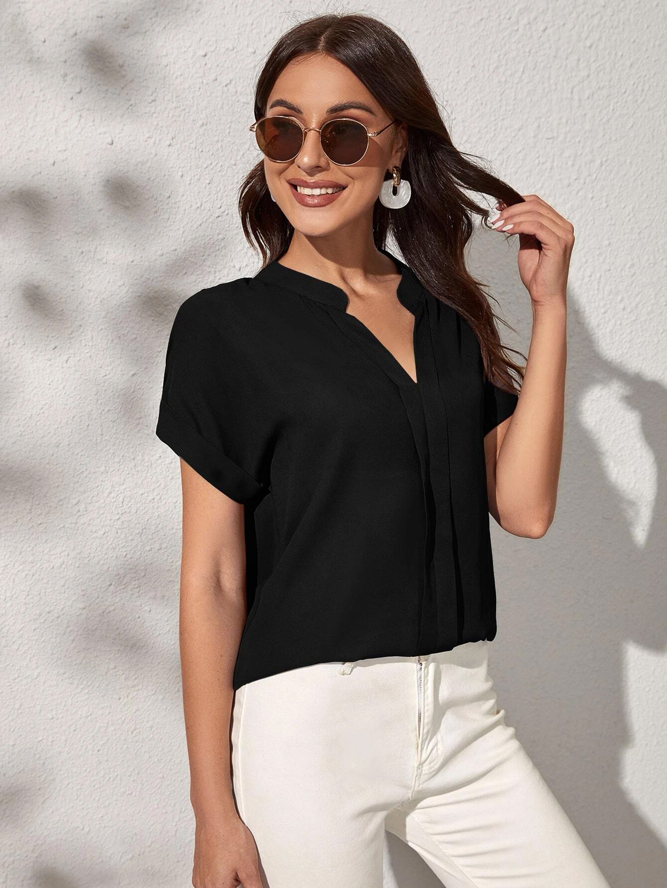 SHEIN Notch Neck Batwing Sleeve Solid Blouse