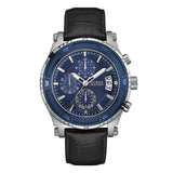Guess Pinnacle Black Leather Strap Blue Dial Chronograph Quartz Watch for Gents - W0673G4