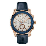 Guess Pinnacle Blue Leather Strap White Dial Chronograph Quartz Watch for Gents - W0673G6