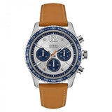 Guess Fleet Brown Leather Strap Silver Dial Chronograph Quartz Watch for Gents - W0970G1