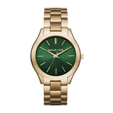 Michael Kors Slim Runway Gold Stainless Steel Green Dial Quartz Watch for Ladies - MK3435